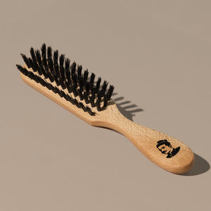 Groom black boar bristles beard or hair brush with idled clear beech wood handle stamped with groom black logo of mustache man