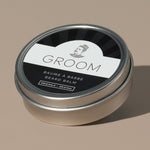 Groom beard balm original in a rounded metal packaging with a black and white label of a mustache man