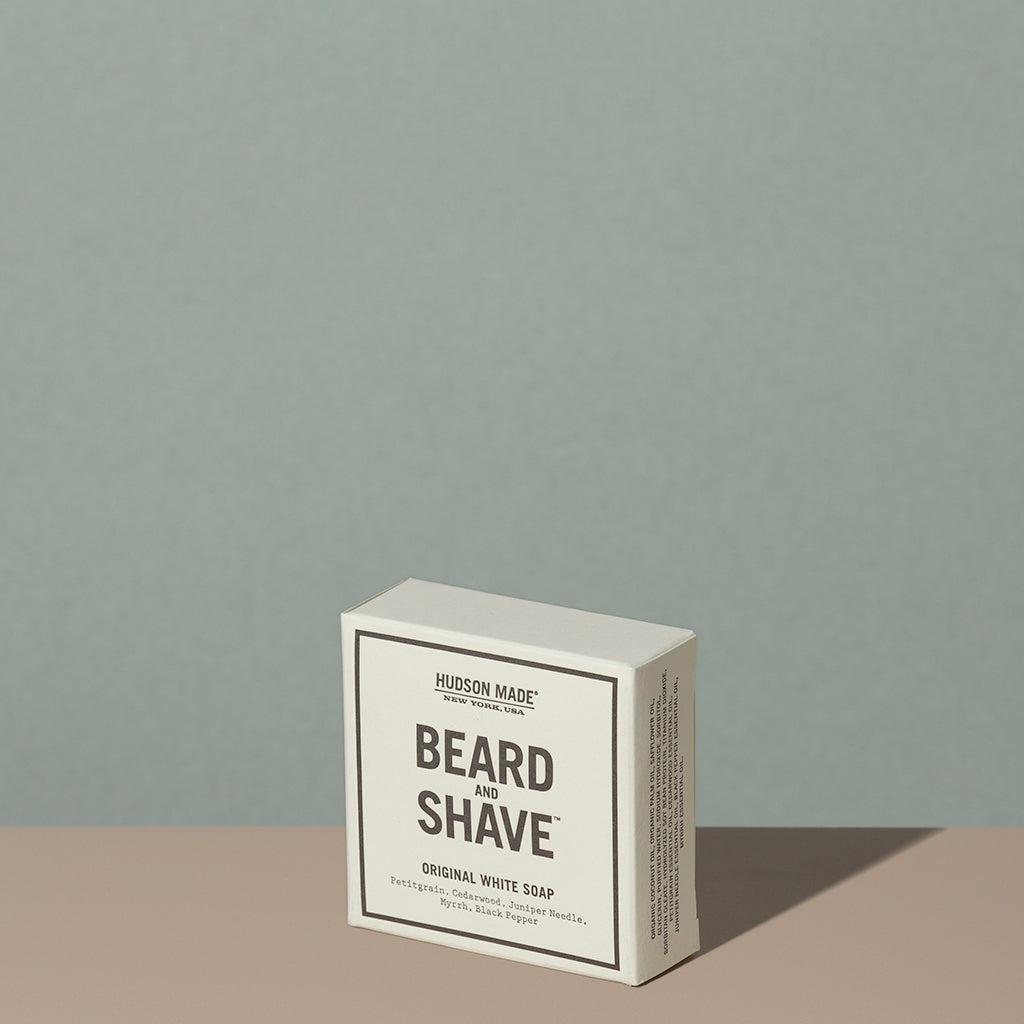 Hudson Made co beard and shave original white soap juniper myrrh in a square rectangle white cardboard packaging with black writings