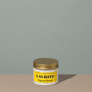Layrite 4.25oz Original Pomade Medium Hold & Medium Shine hair pomade in a rounded white plastic container with gold twist cap and yellow label