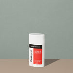 Thinksport natural deodorant in a white typical rounded square deodorant plastic container with red, black and white logo sticker and a cap
